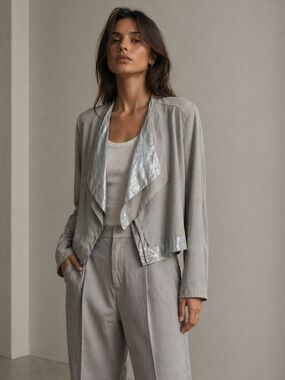 Lysse Silver-Trim Light Gray Draped Open-Front Jacket
